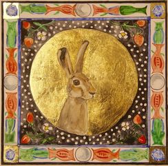 Golden Rabbit, watercolor, ink, gold leaf on Yupo, approx 10