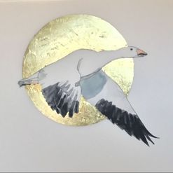 Grey goose with golden sun behind, watercolor on yupo with gold leaf